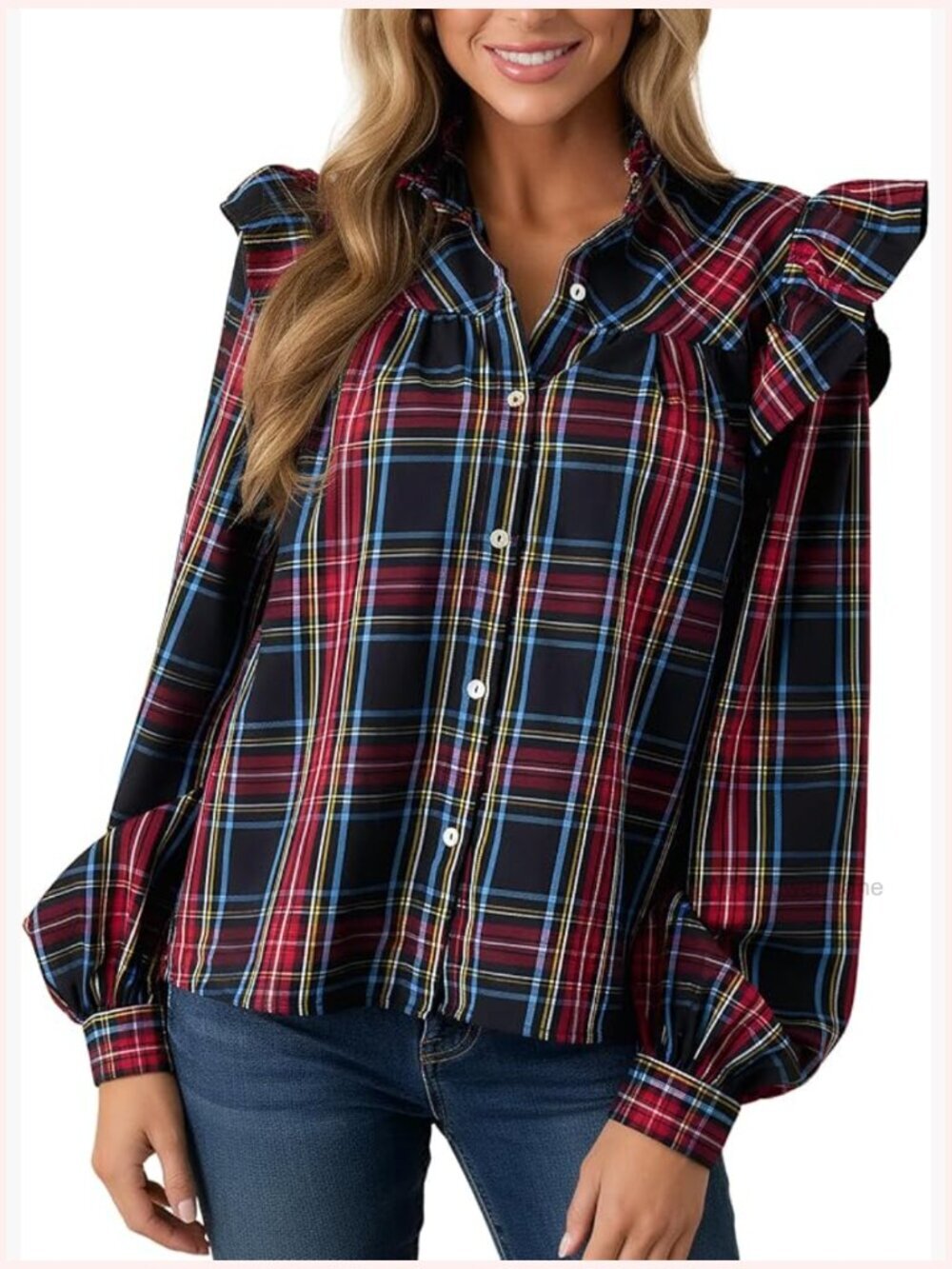 Women's Ruffle Puff Sleeve Plaid Button Down Blouse Top